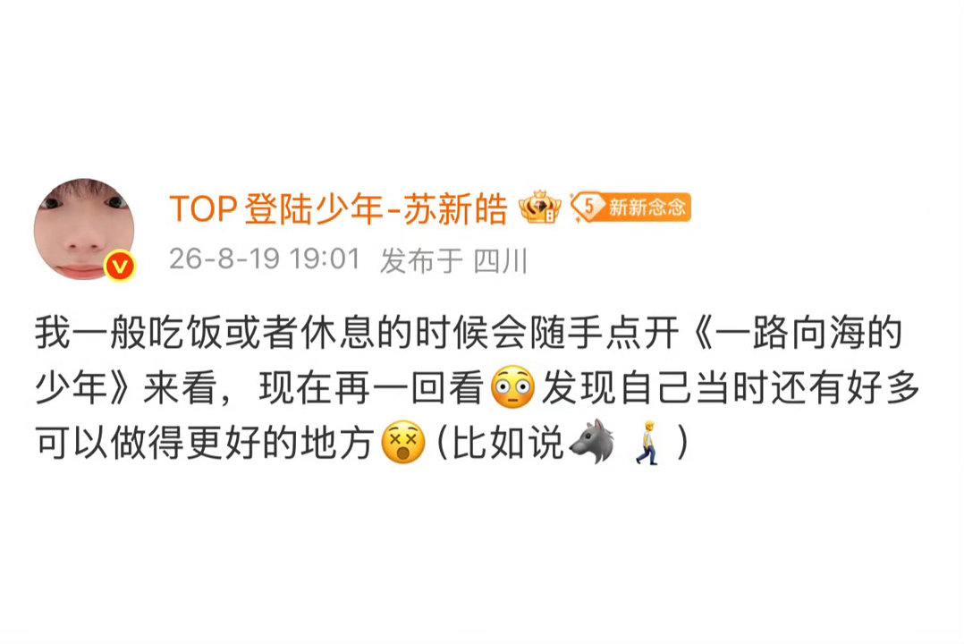 苏新皓说自己会在吃饭或者休息的时候随手点开《一路向海的少年》看，会发现自己有可以