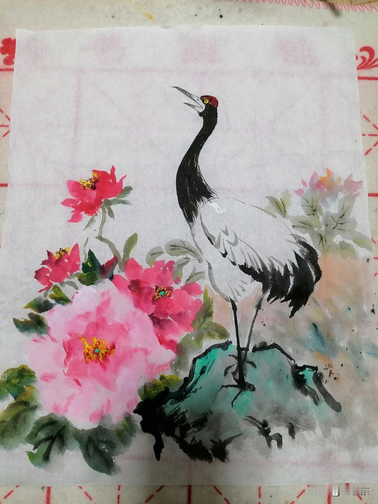 今晚我画了幅《富贵长寿》图，不过字还没勇气写上去。

因为今天我也练了字，但感觉