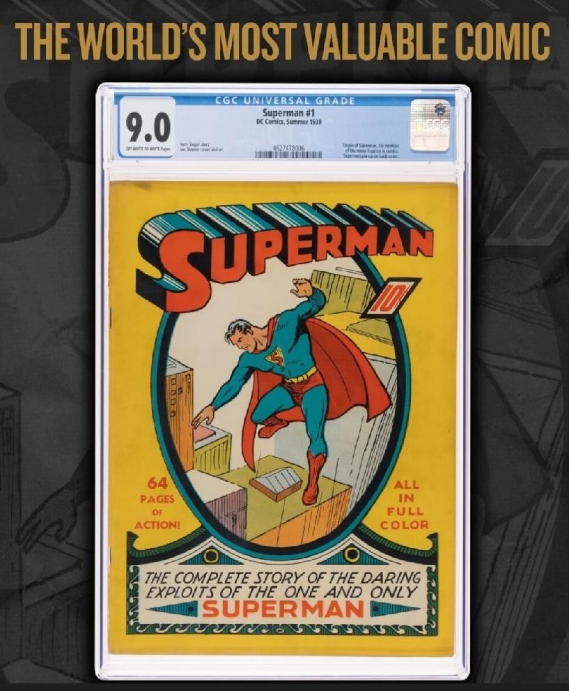 1939年出版的《超人》第一期（Superman 1）初版漫画，被誉为漫画收藏界