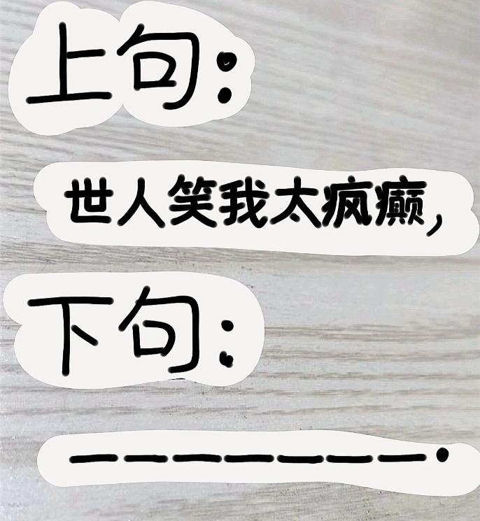 我出上句你接下句，看谁接的最骚。
上句：世人笑我太疯颠
下句：