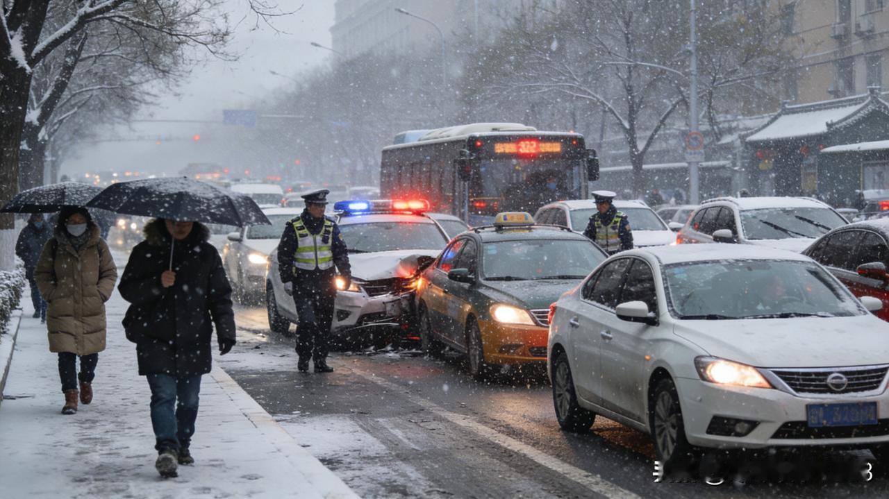 北京中雪突降，早高峰连环事故频发！市交管局通报，因未及时撒融雪剂，路面结冰严重，