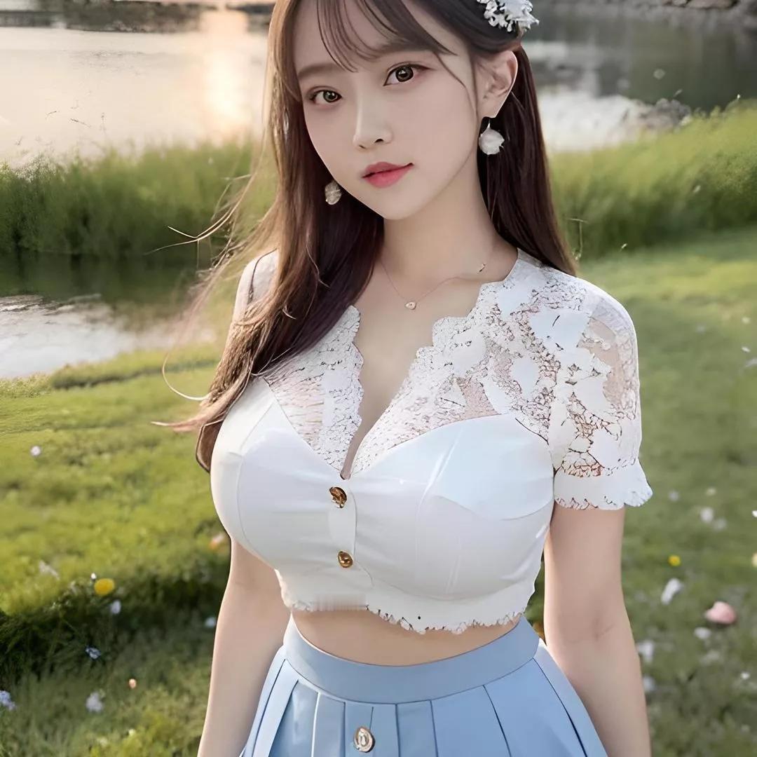 夏日清新穿搭，蕾丝白上衣+浅蓝色百褶裙，搭配自然风景，少女感十足！