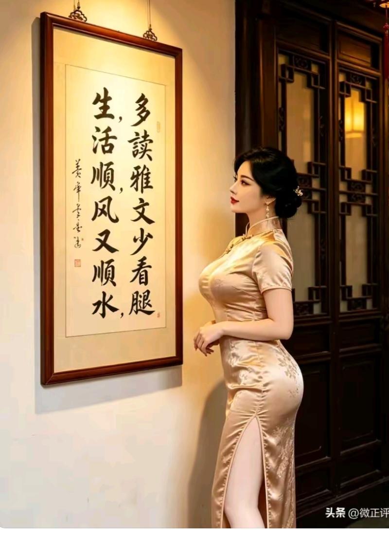 〔画美人更美〕
图中画面真美丽；
又有字画有美女；
字画一语道破事；
生活还得实