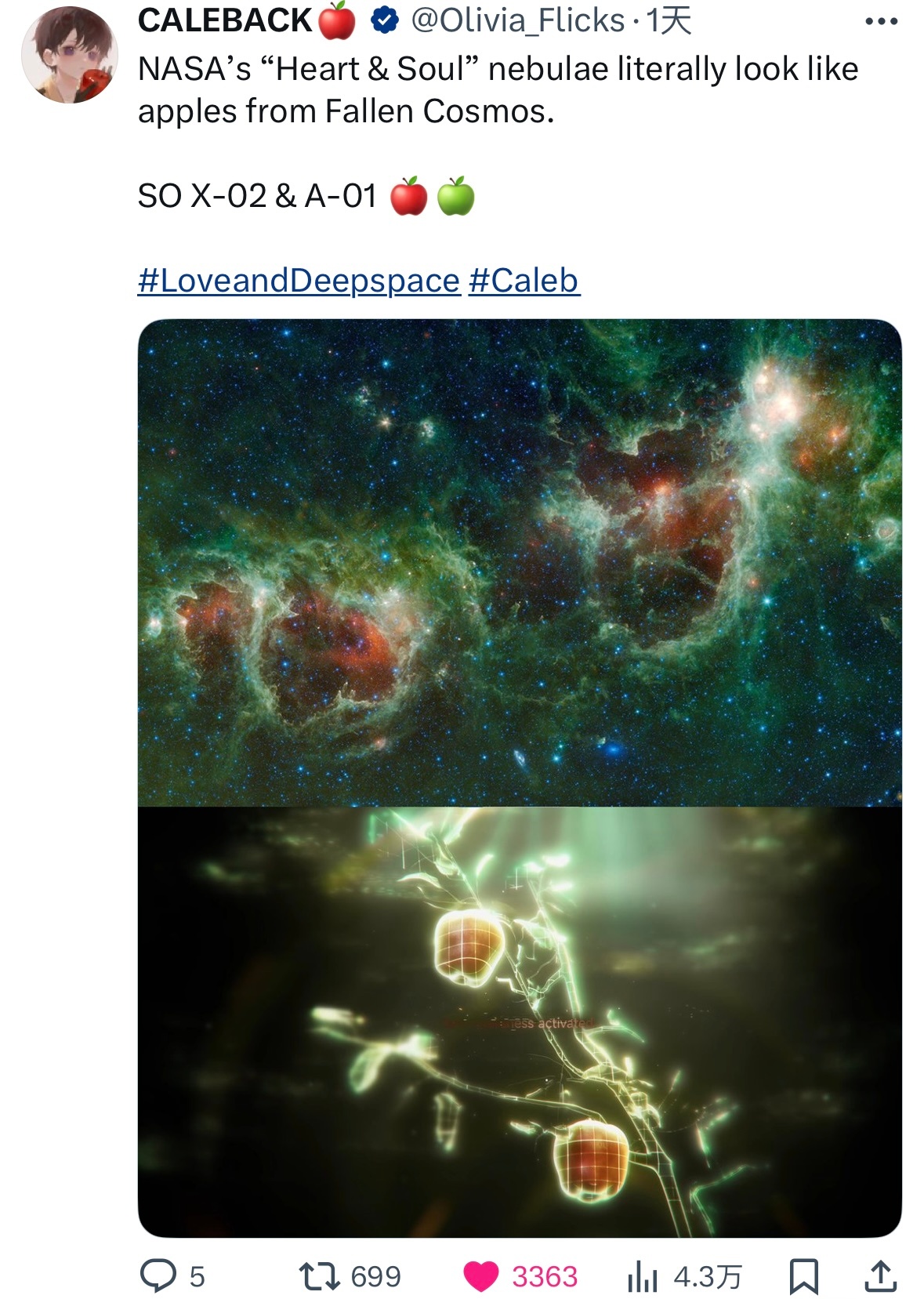 🍎 🍏 海外果在讨论NASA拍摄的心脏星云和灵魂星云很像限日pv里的两颗苹果