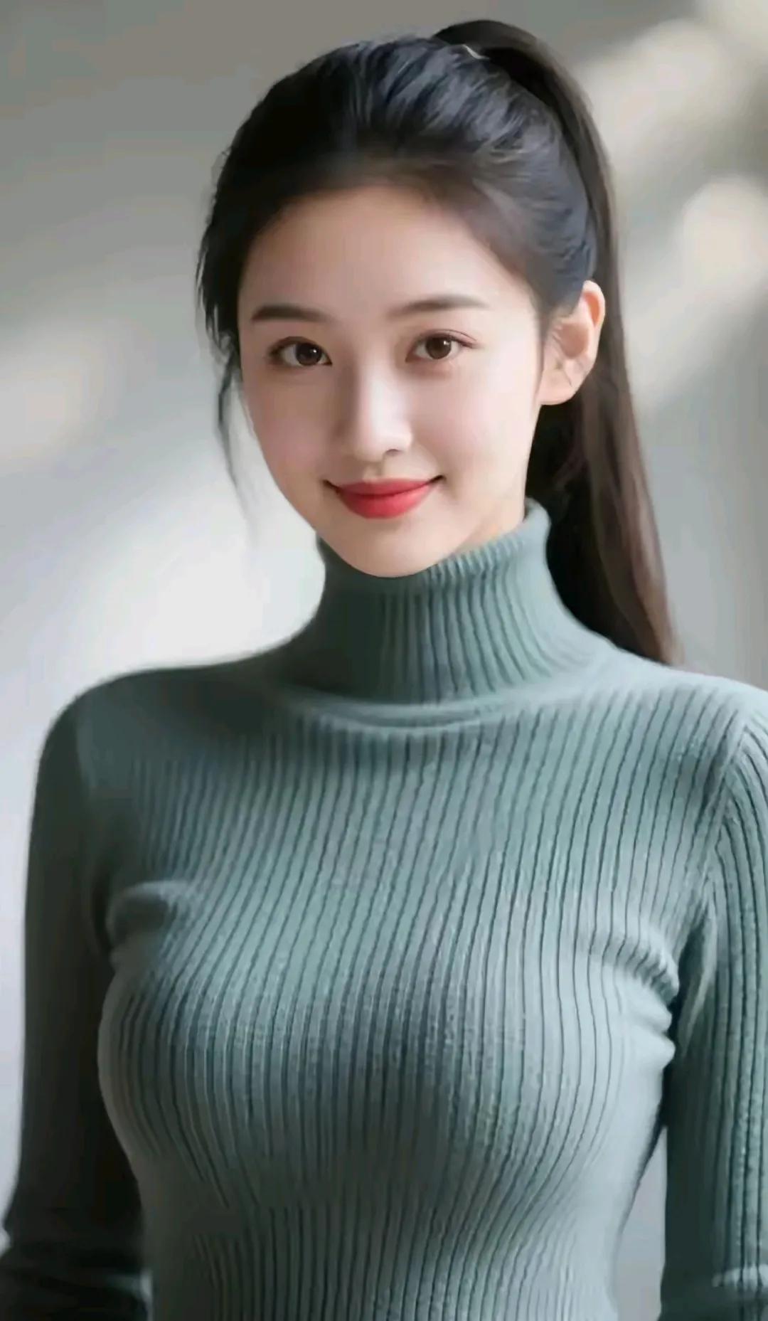 温柔甜美的绿松石高领毛衣，搭配清新自然的发型，尽显冬日温暖与优雅。