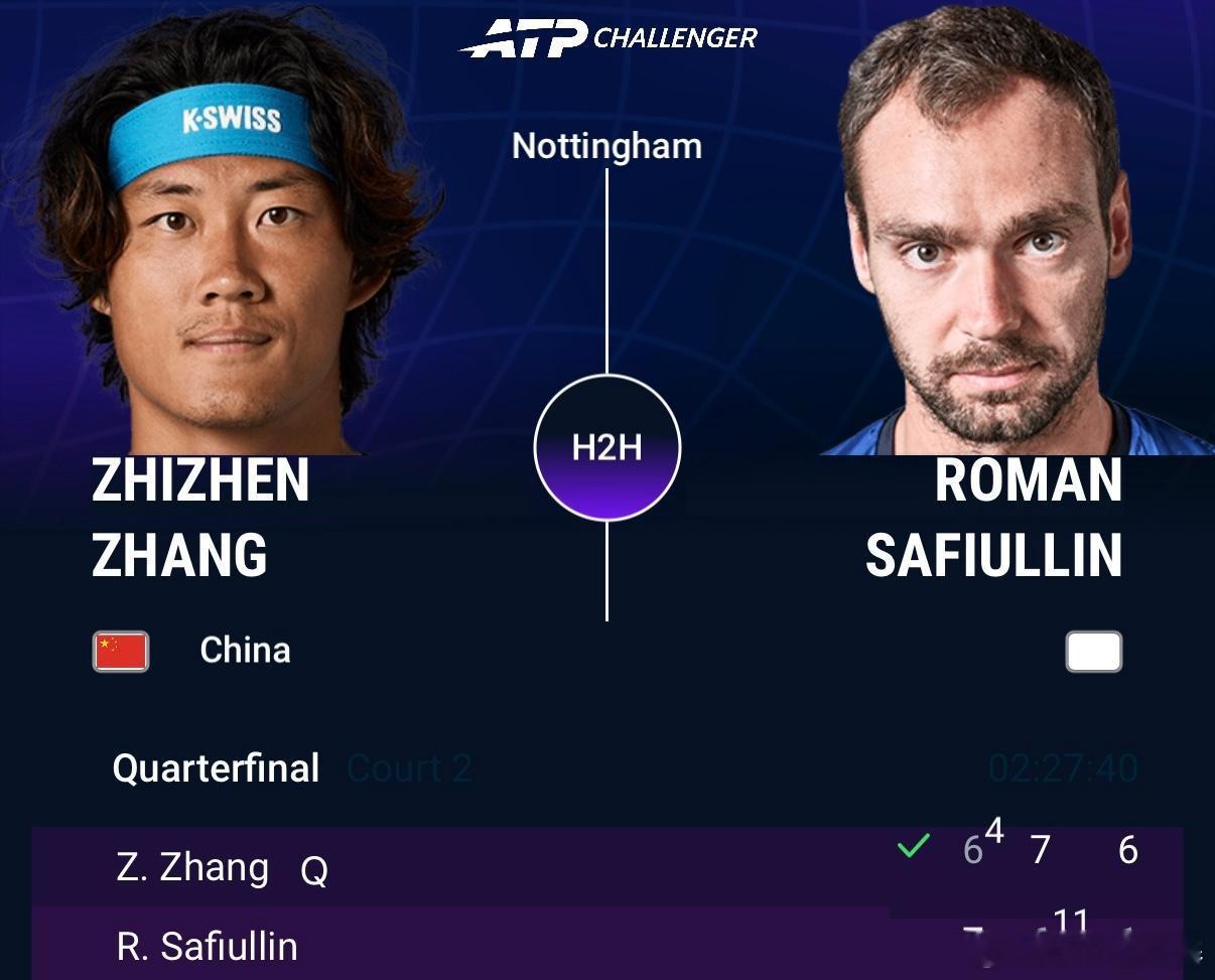 今日中国选手ATP挑战赛 战况诺丁汉站1/4决赛，张之臻次盘抢七挽救3个赛点，以