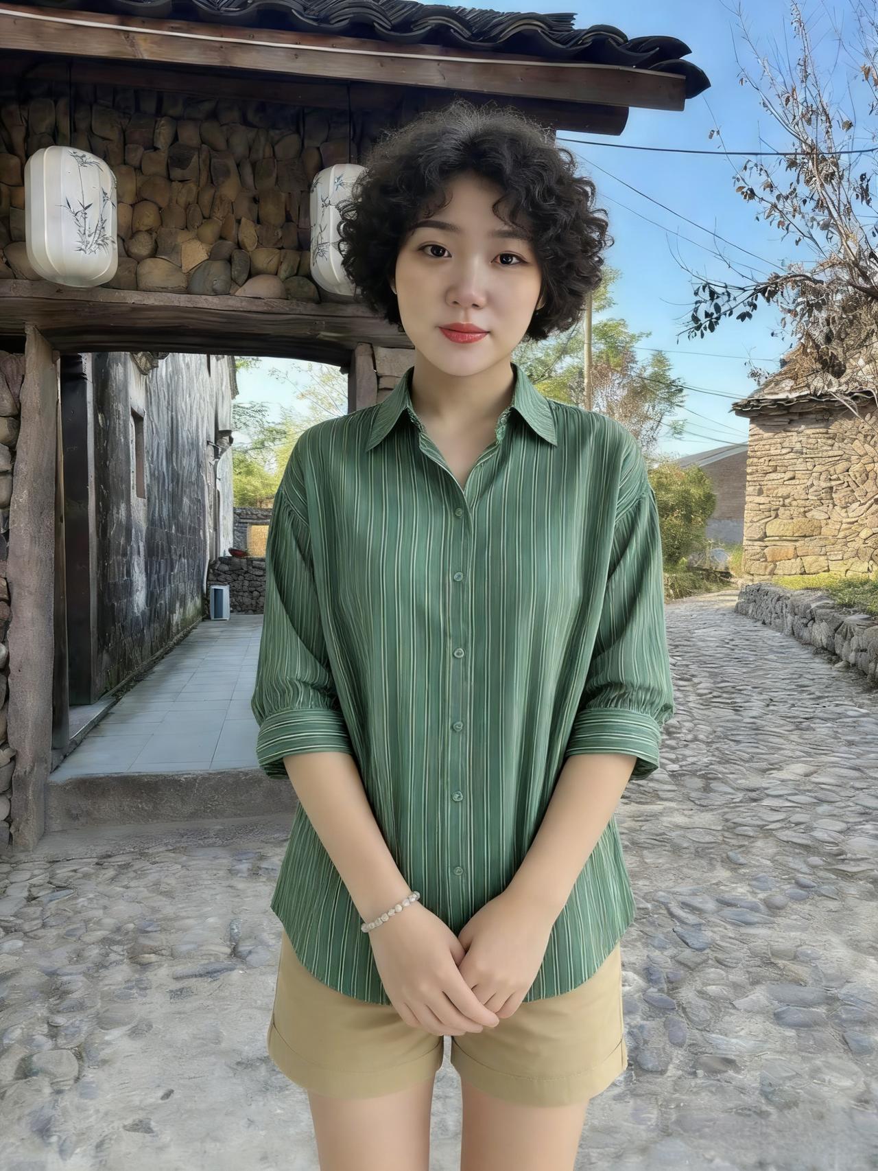 绿衫浅褐衬清嘉，古巷晴光落鬓斜。
笑指墙头新绽蕊，不知春色在邻家。