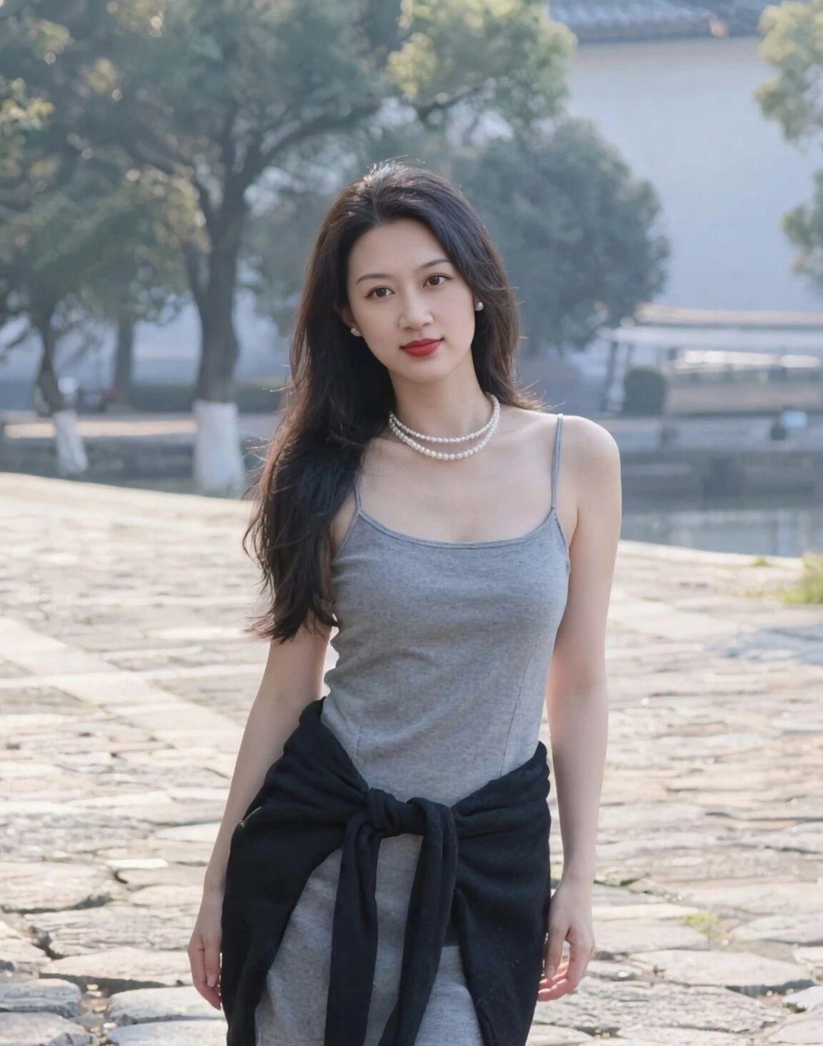 优雅漫步在古桥边，红唇与珍珠项链相映成趣。