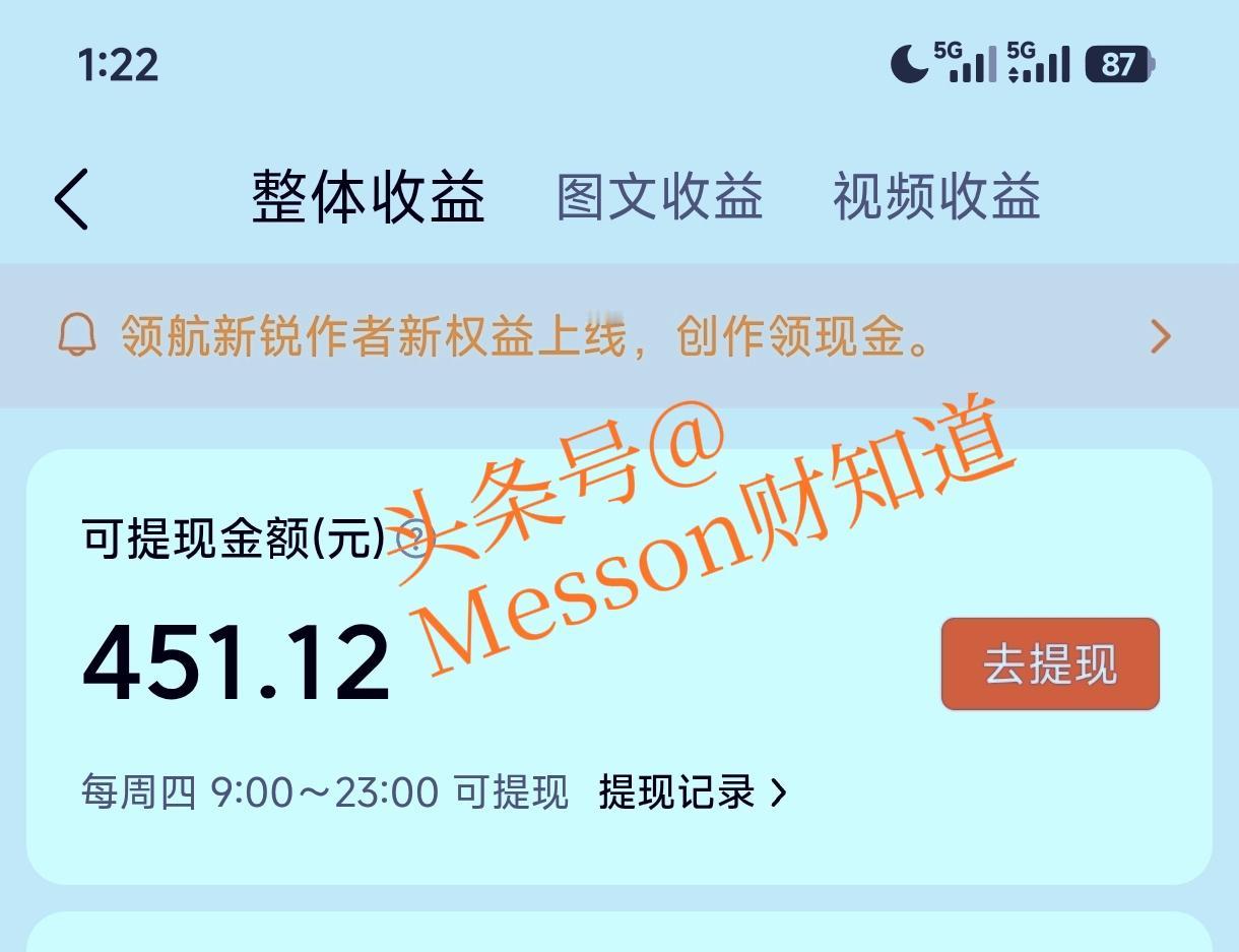 今天星期四，是头条提现的日子。感谢平台慷慨，我能提现451.12元，其中创作收益