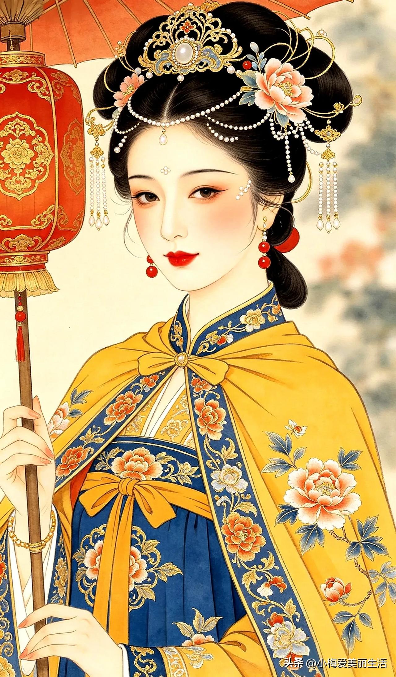红伞遮芳颜，花间舞袖轻。