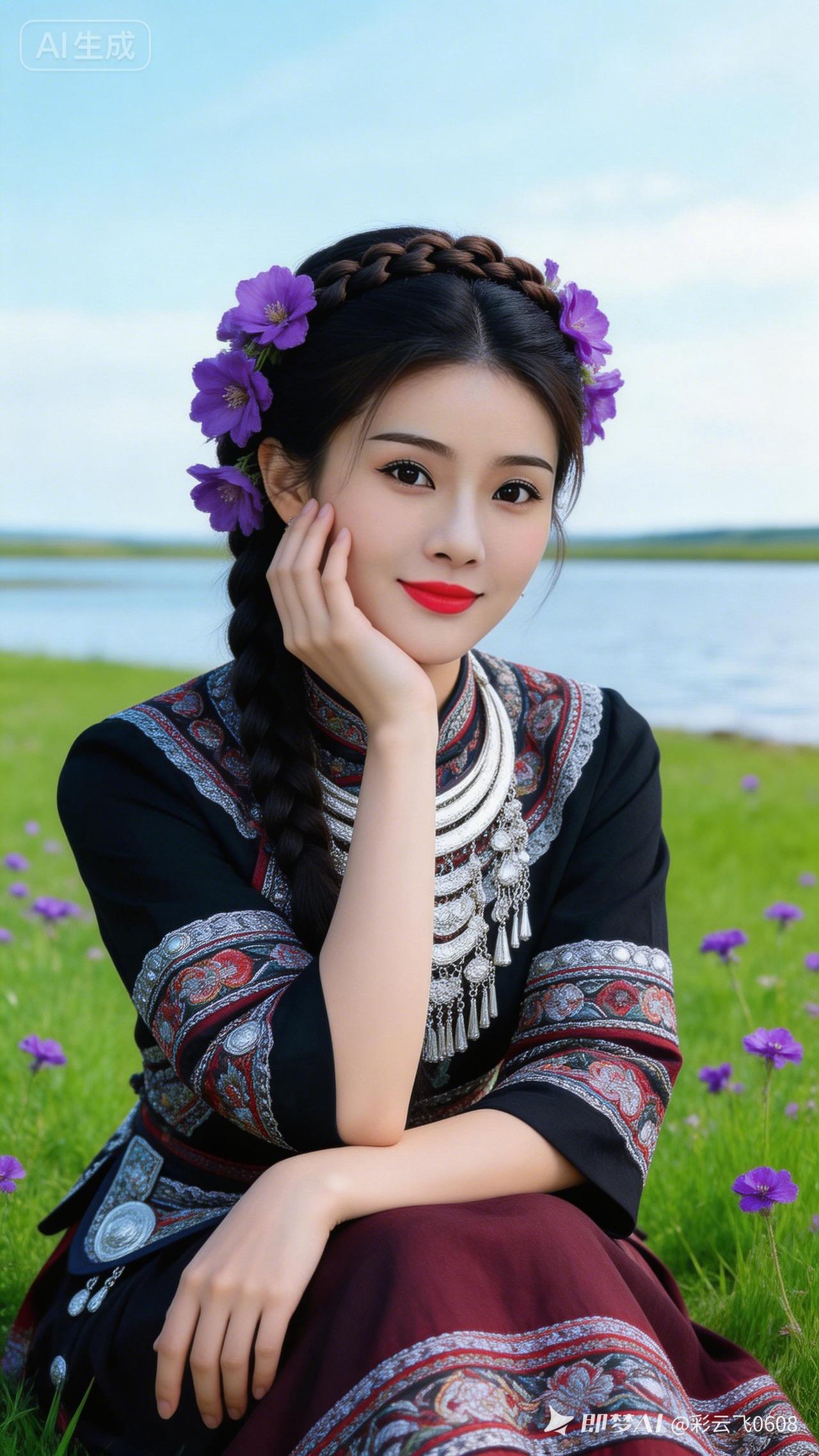 草原上的少女，花环与民族服饰的完美结合，惊艳了时光。