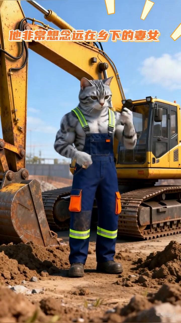 小云雀AI生成。
在一个动物拟人化的世界里，公美短猫在工地工作，它非常想念远在乡