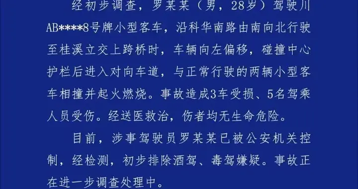 罗某某（男，28岁），驾车碰撞造成5人受伤，已被警方控制