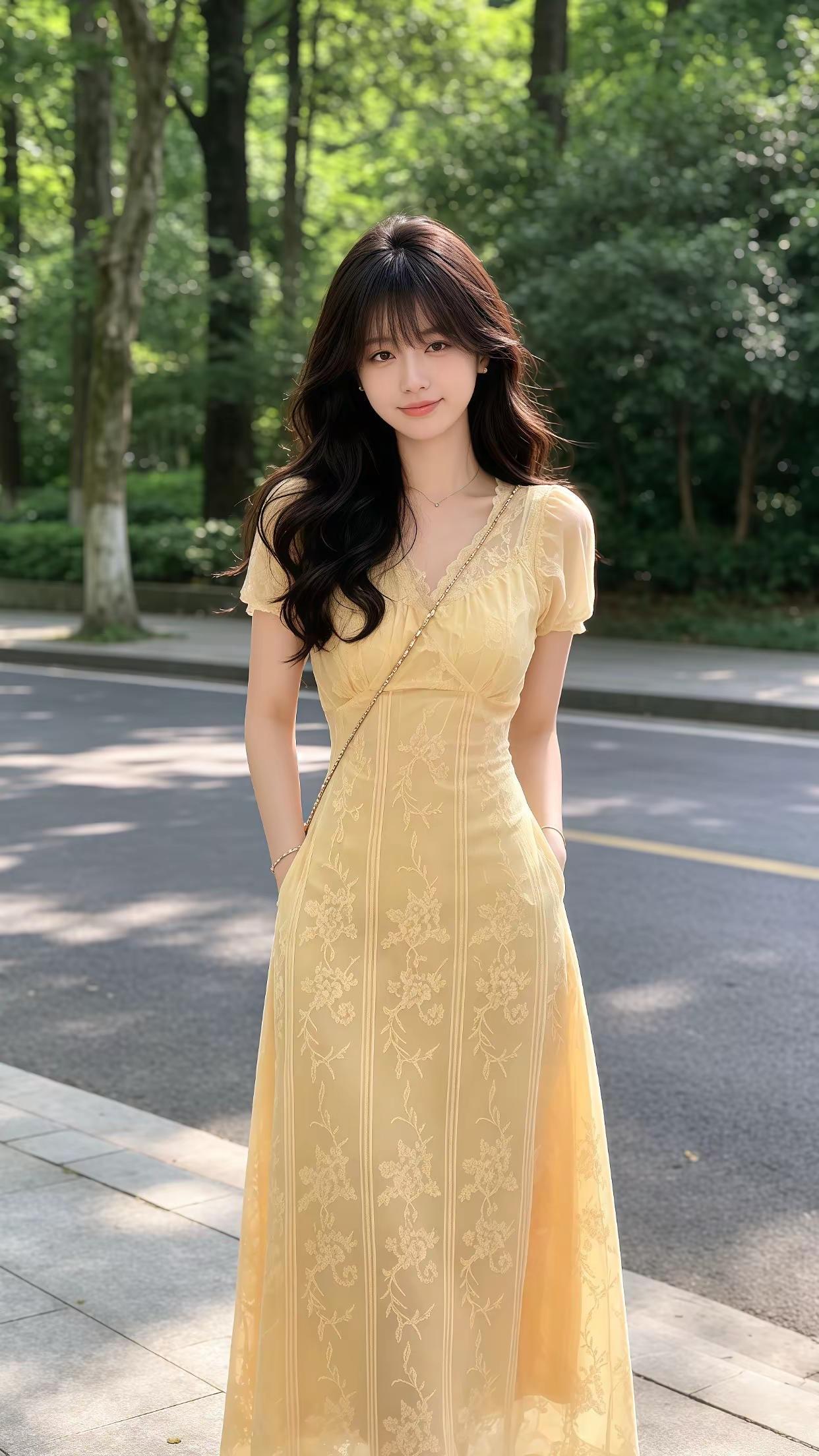 奶黄提花V领长裙，泡泡袖+收腰大摆，遮肉显白，法式氛围感拉满，度假约会都适配✨温