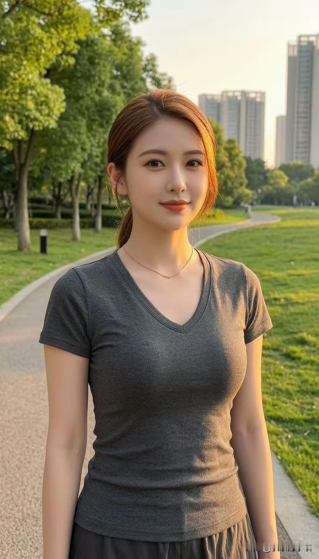这位姑娘在公园里散步呢。