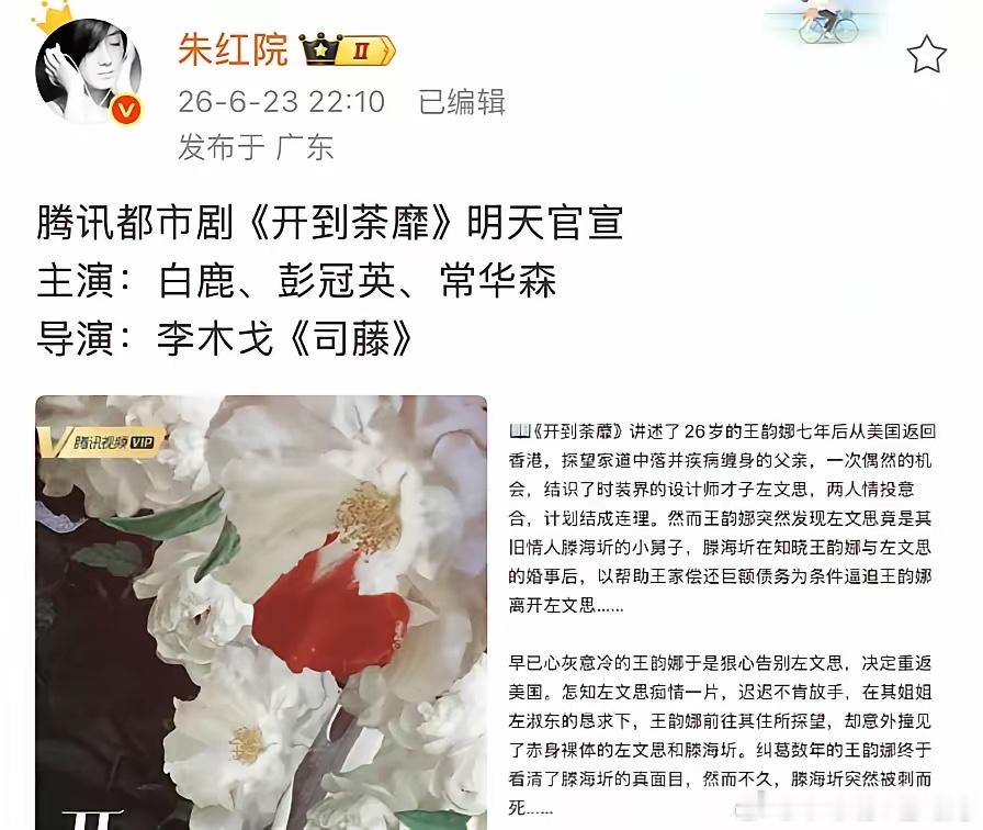 网传白鹿主演的亦舒S+级都市剧《开到荼靡》24日正式官宣阵容6月27日迎来个人十