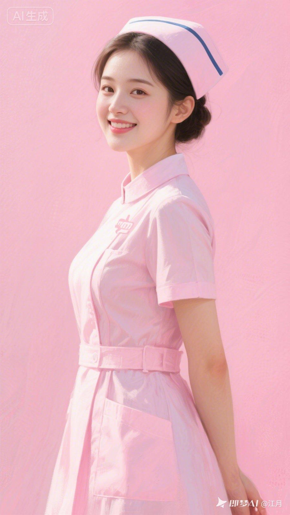 美女护士元气满满，着粉色护士服，质感拉满，微低头侧身，温柔回眸一笑，眉眼娇俏，氛