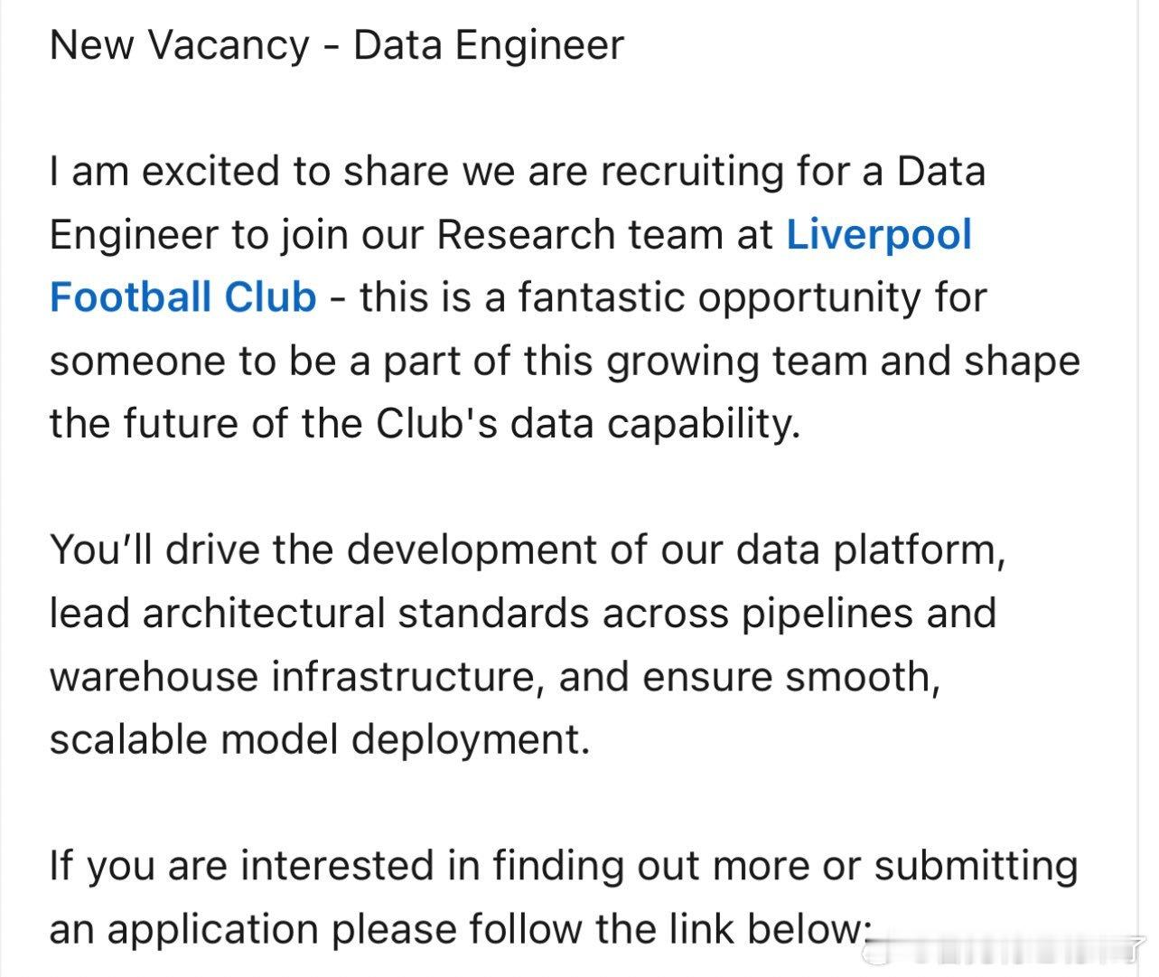 利物浦足球俱乐部的研究团队招聘一名数据工程师——对于有志于加入这个不断发展壮大的