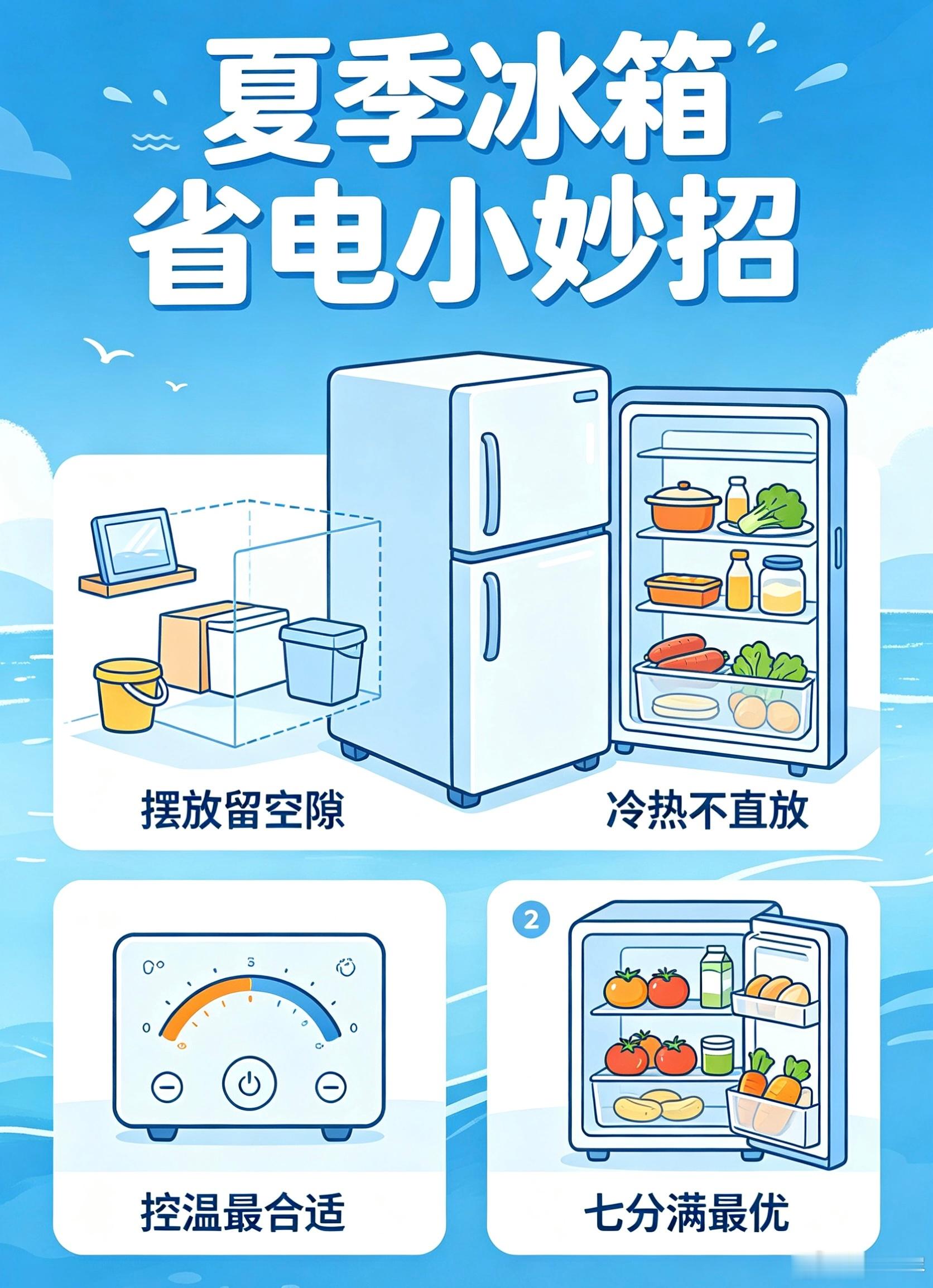 夏天怎么用冰箱更省电其实冰箱跟人一样，要想省电，其实还是在日常使用上，给它减负荷