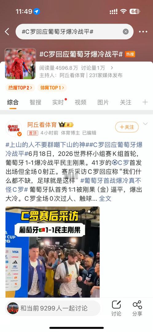 2026世界杯首轮爆大冷！葡萄牙1-1战平民主刚果，41岁C罗首发全场零射正，赛