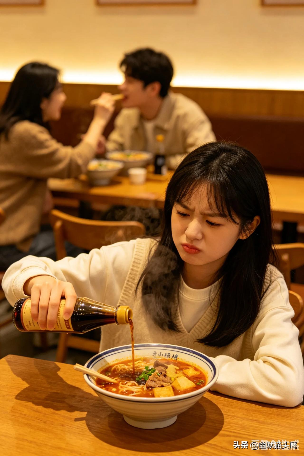 坐在餐馆，
他们互相投喂不避嫌
那我吃麻辣烫加点醋
真是的，
我一点都不羡慕，