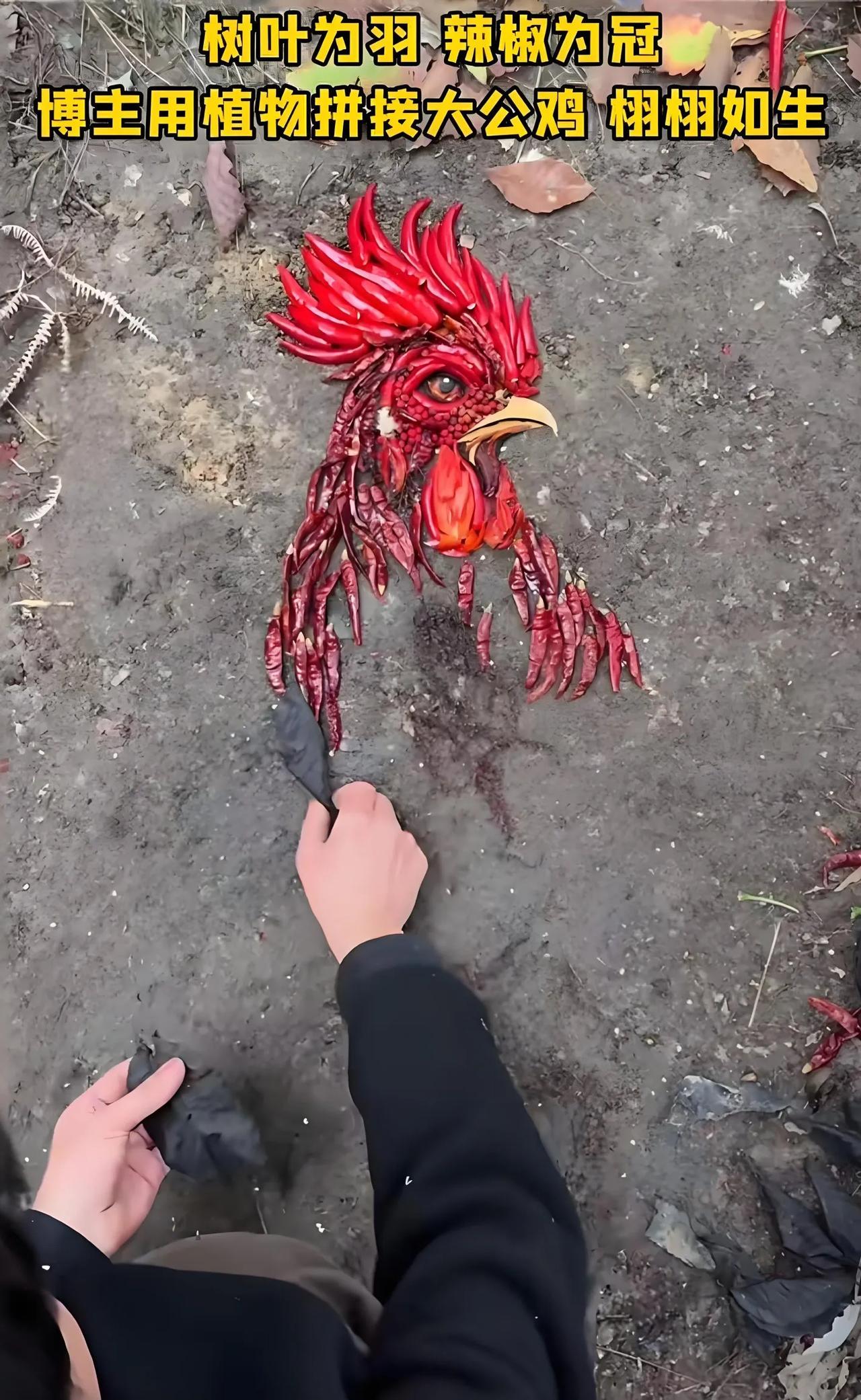 树叶为羽，辣椒为冠，博主用植物拼接大公鸡，栩栩如生。