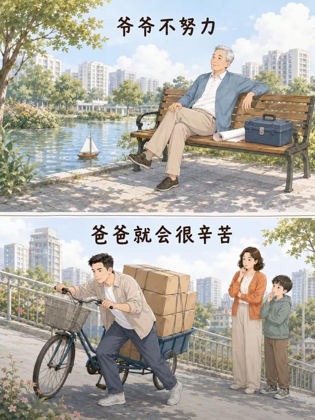 哪有什么凭空而来的安稳。
爷爷不努力，爸爸就会吃苦奔波；
爸爸松懈偷懒，孩子就要