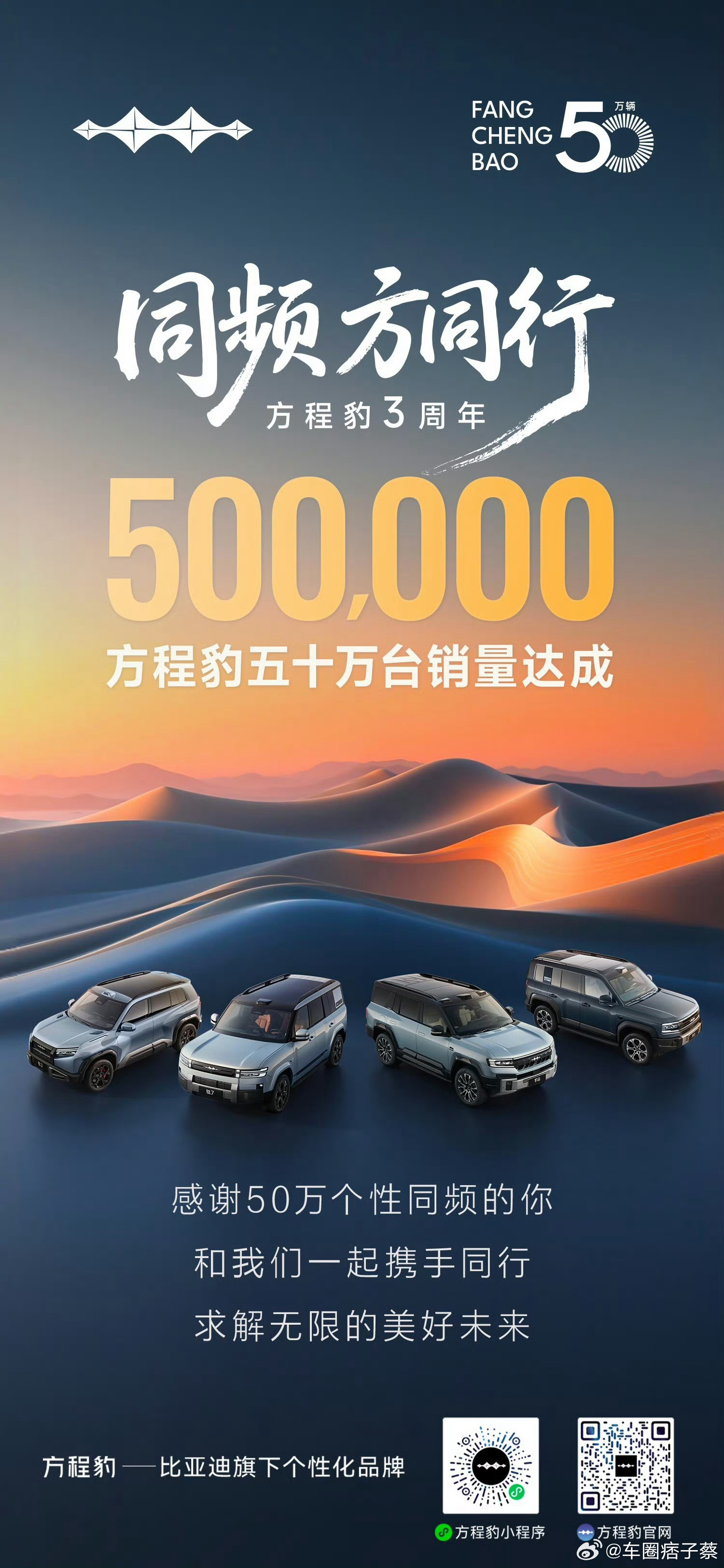 比亚迪方程豹五十万台销量达成方程豹大v聊车 三年50万台，方程豹作为比亚迪旗下个