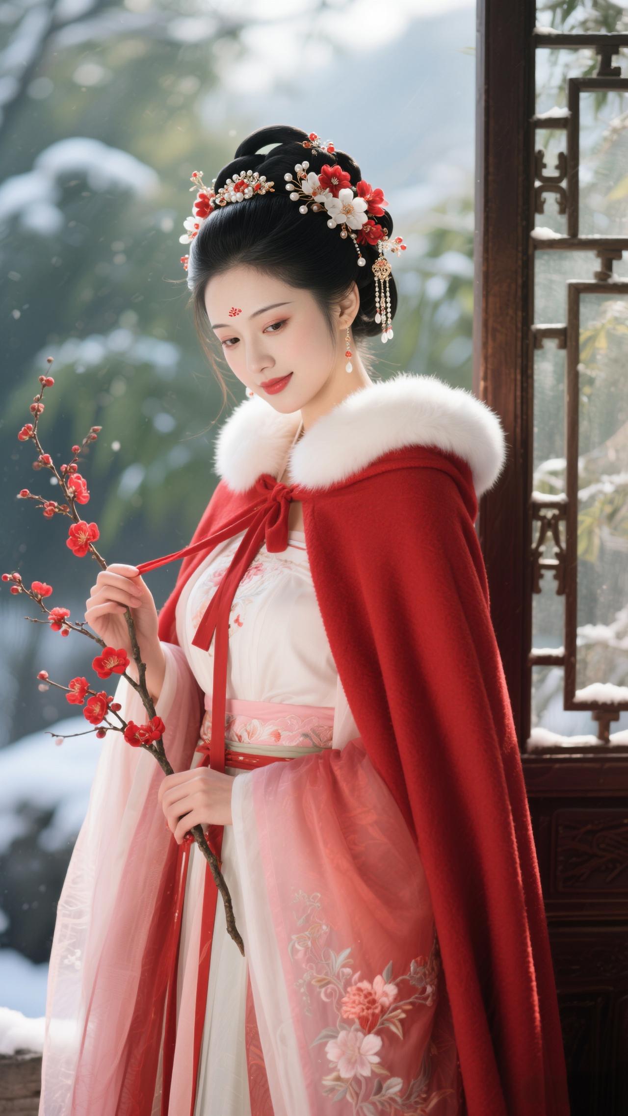 鹧鸪天·雪窗梅影
 
罗袂生香立雪窗，红氅轻遮玉色长。梅簪暗缀玲珑韵，寒蕊明承暖