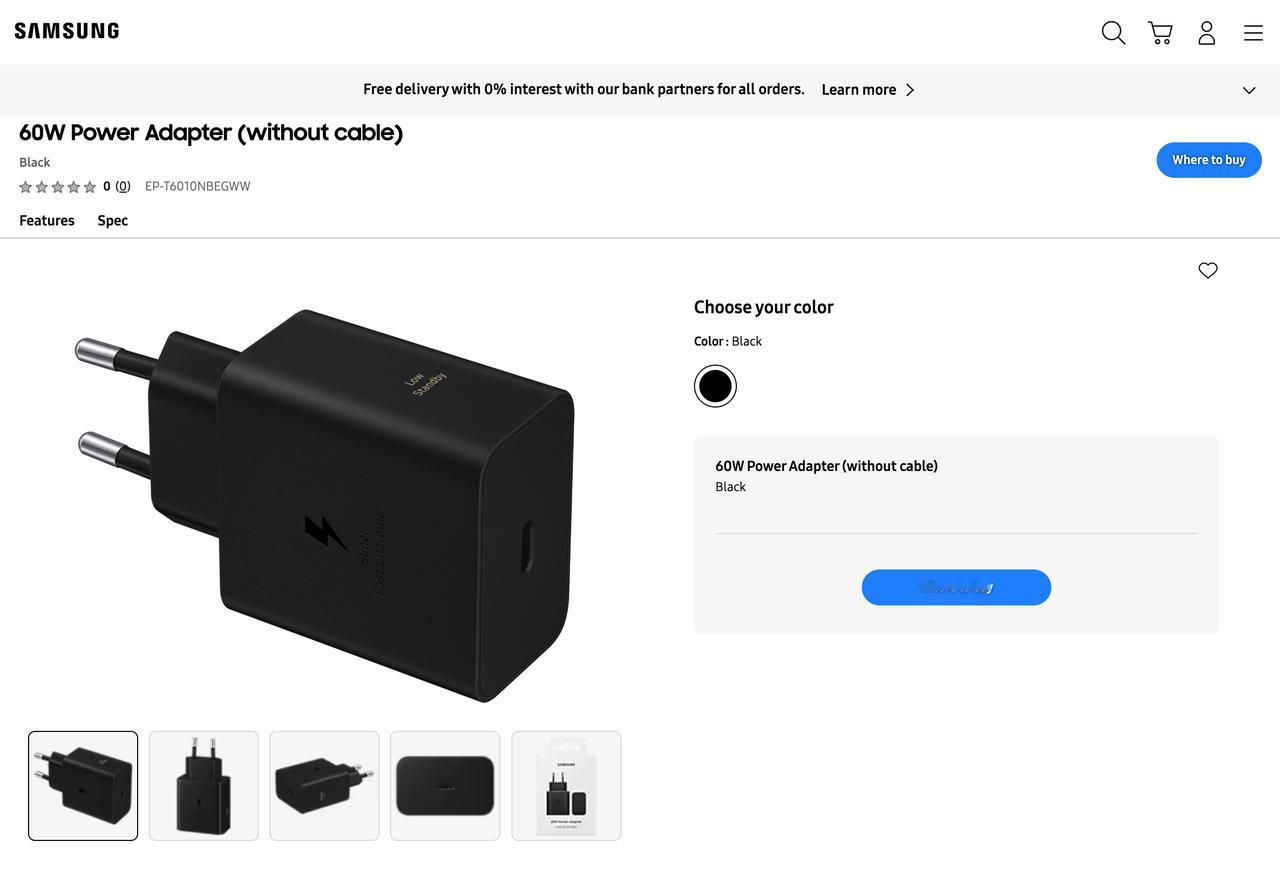 三星官网上架了一款 60W 充电头，EP-T6010NBEGWW，峰值 60W 