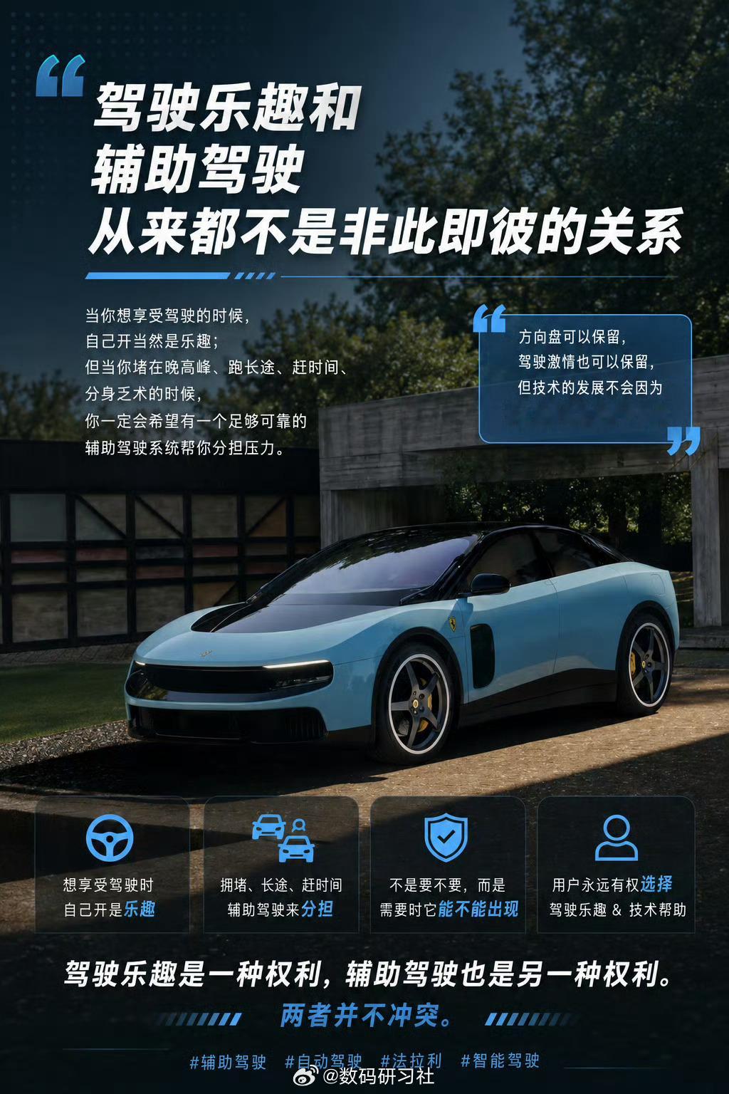 法拉利明确拒绝全自动驾驶 也没说全自动驾驶就不能人驾了呀，这本来就是共存的，自动