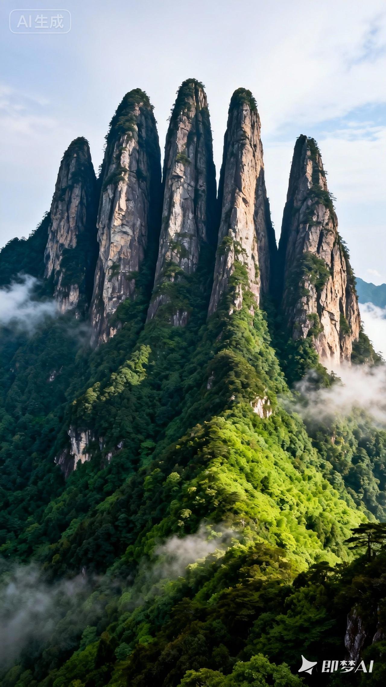 五指擎天刺破云，翠林叠嶂藏珍奇。漫步山间听鸟语，吸氧洗肺醉心脾，这才是人间仙境！