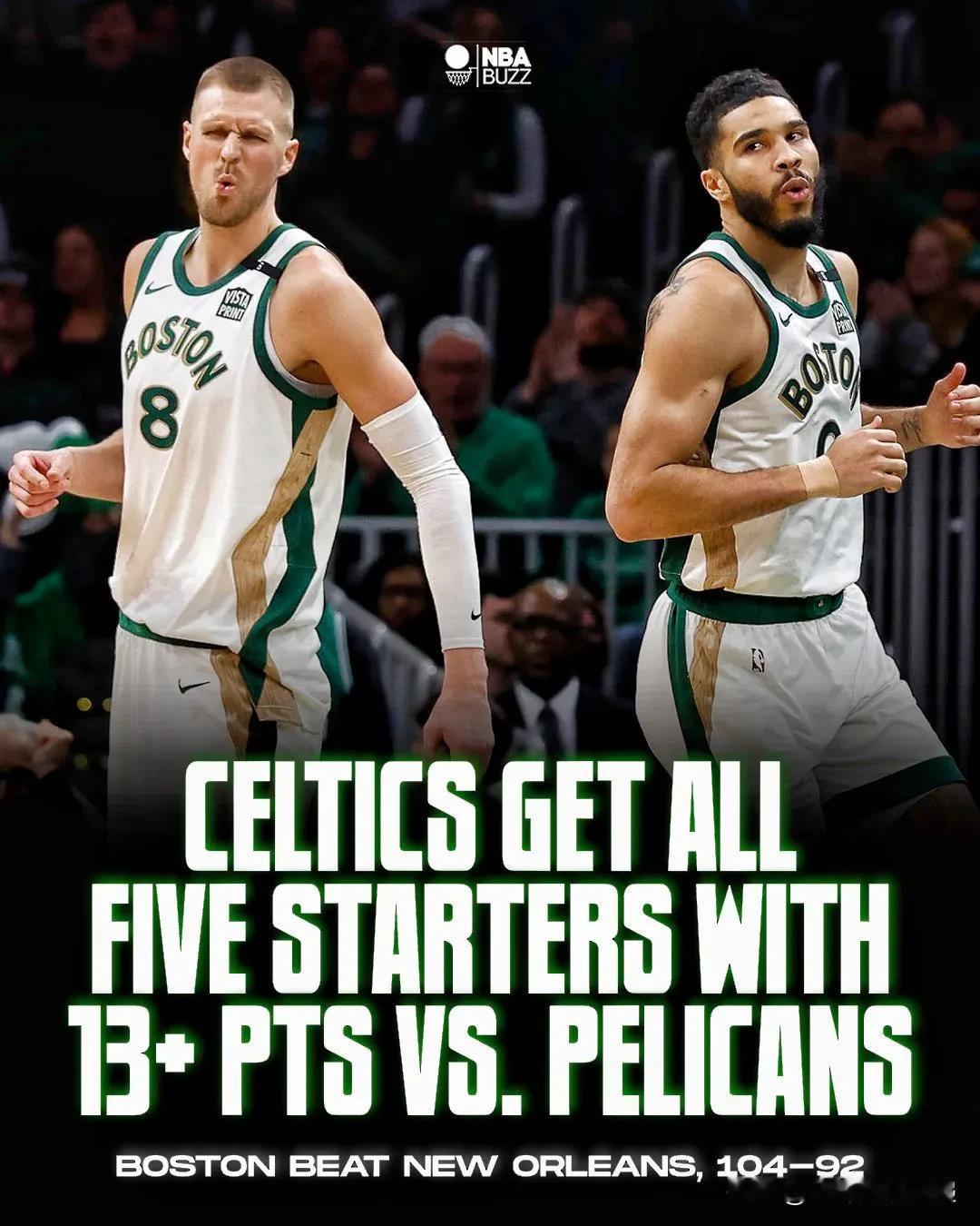 凯尔特人队获胜！波士顿凯尔特人队以 104-92 击败状态火热的新奥尔良鹈鹕队，