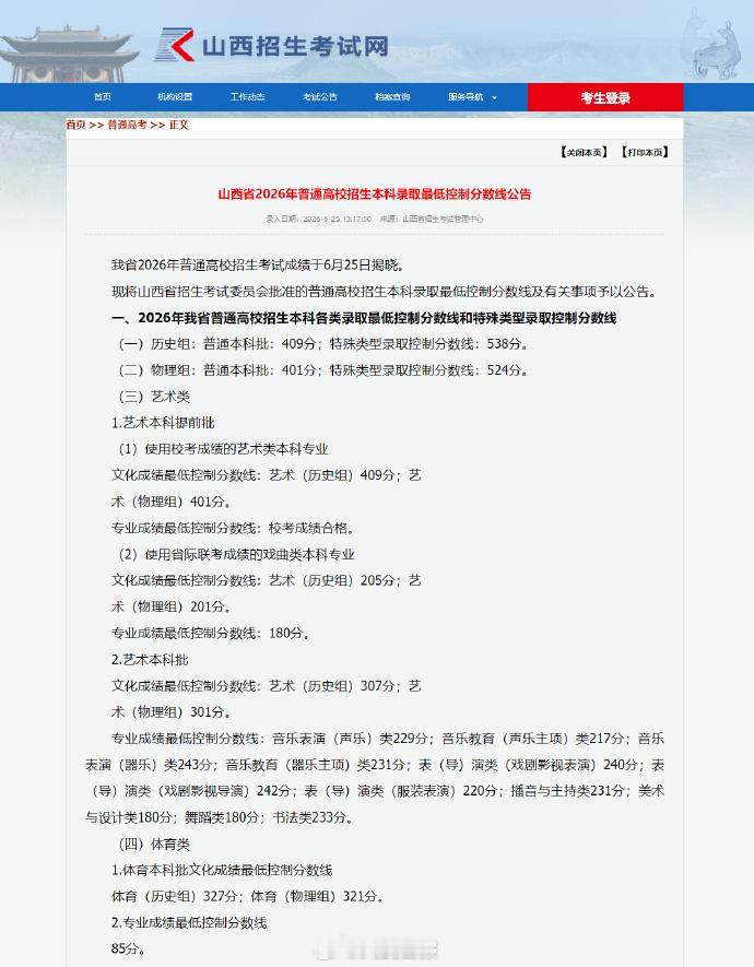 山西分数线【2026山西分数线】山西省2026年普通高校招生本科录取最低控制分数