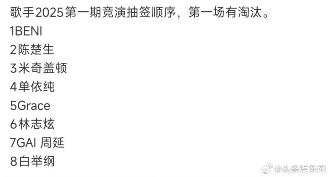 歌手2025第一期抽签顺序🈶BENI.陈楚生.米奇盖顿.单依纯.Grace.林