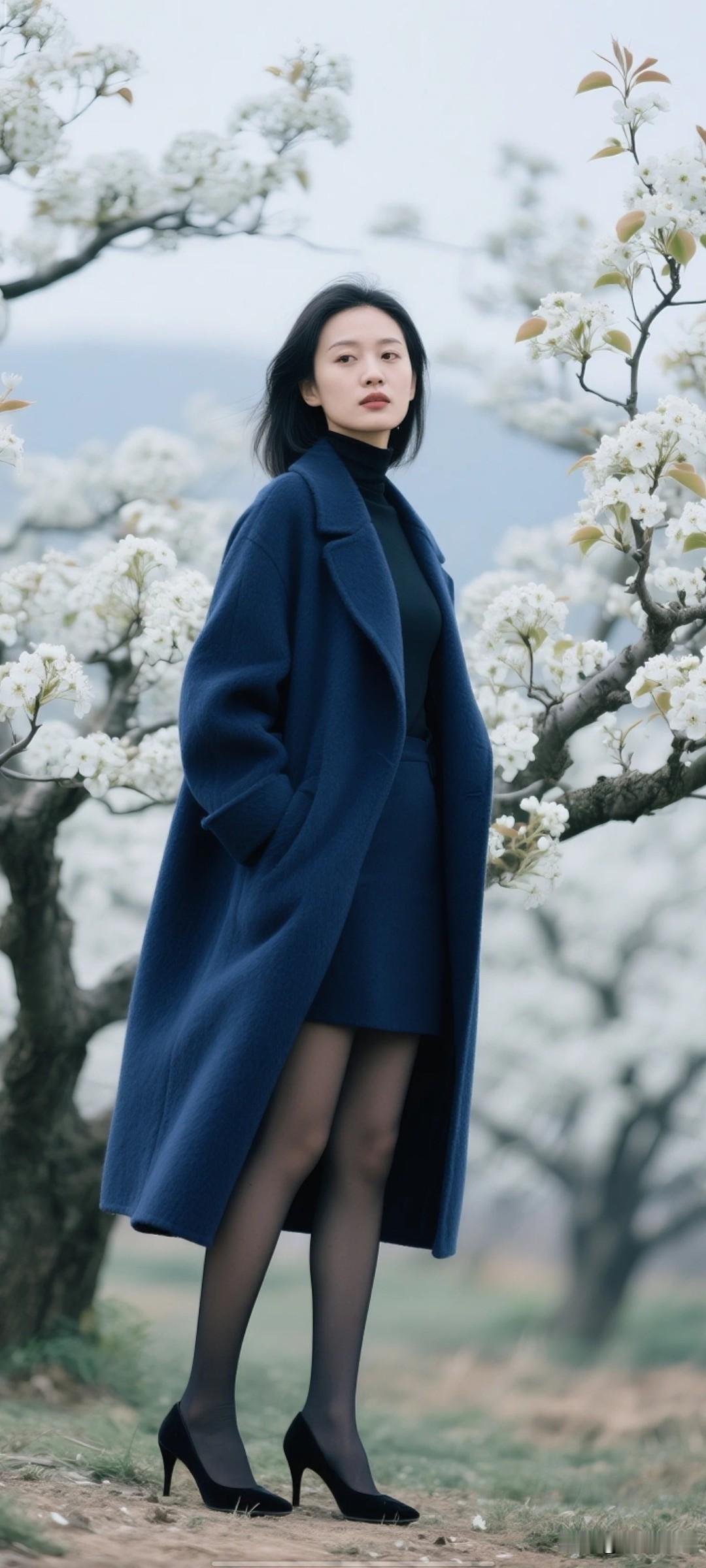 晒图笔记大赛身穿藏蓝色羊绒大衣，黑色高跟鞋的美女，站在梨花盛开的梨树下，高清影视
