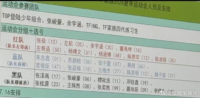TF家族运动会分队官宣1.蓝队张泽禹、张极、童禹坤、邓佳鑫、陈奕恒、杨涵博、张奕