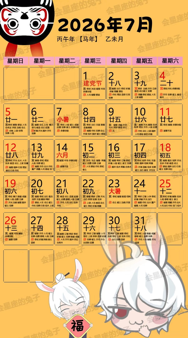 星座 7月全新的开始，兔兔送上7月开运符，设置成手机壁纸增加幸运的能量，整个7月