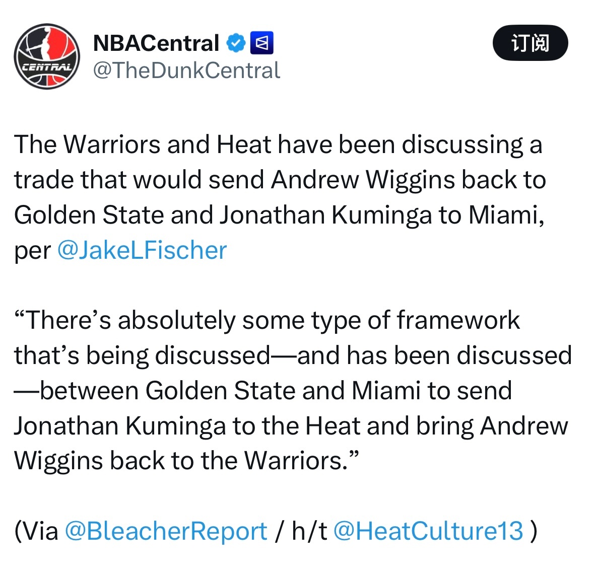 Fischer报道，勇士与热火正在讨论一笔交易，内容为将维金斯送回金州勇士，同时