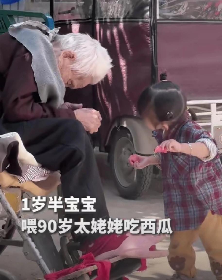 河南安阳，一位90岁的太姥姥坐在轮椅上打盹，1岁半的小重孙女拿着西瓜，盯了太姥姥