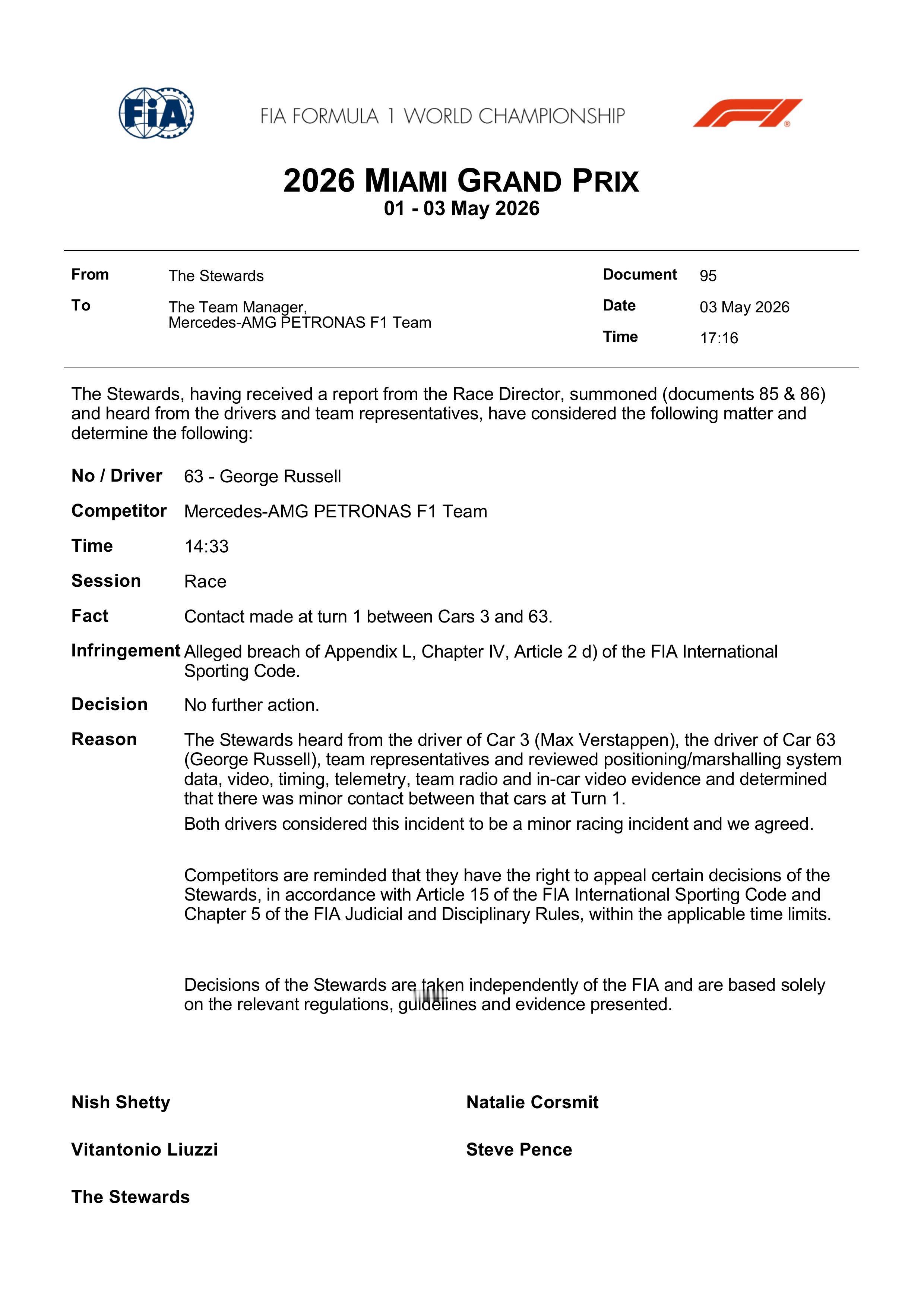 乔治拉塞尔 🇺🇸 2026F1迈阿密大奖赛 FIA：3号车与63号车碰撞，无
