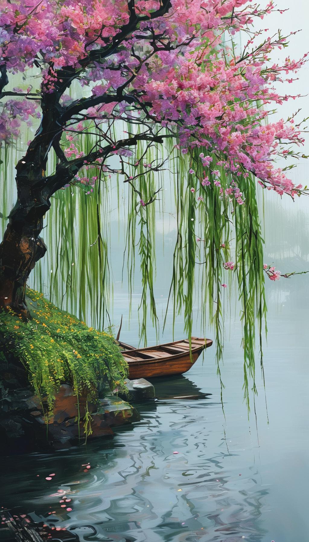 东风拂岸柳初黄，细雨润物草生香。
莺啼婉转穿林樾，蝶舞翩跹绕花房。
远山含黛凝新