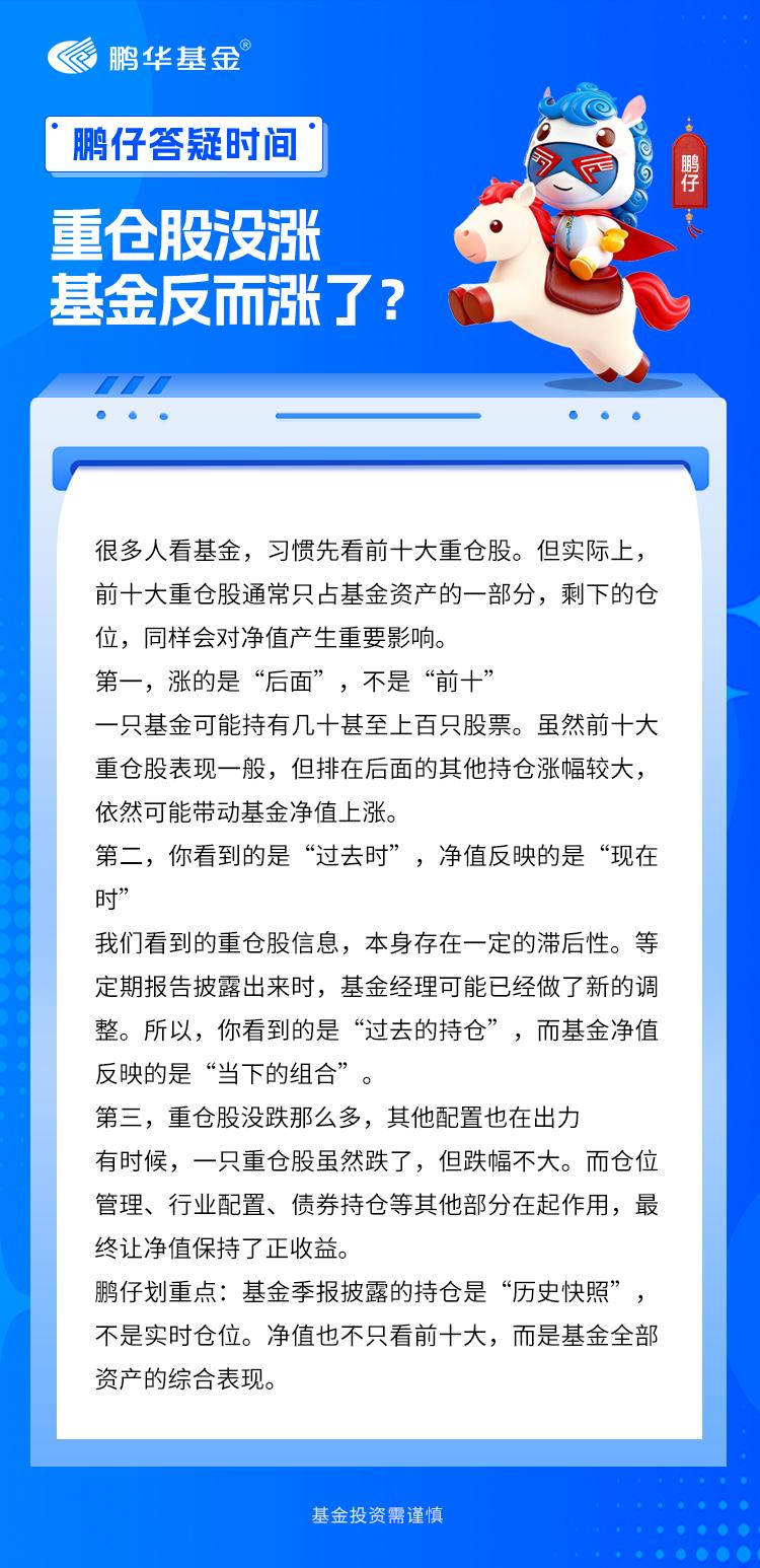 之前咱们聊过“重仓股涨了不少，基金却只涨了一点”。最近又有鹏友遇到了反过来的一种