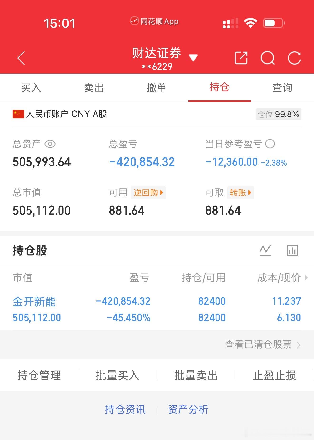 80万实盘挑战一年做到400万（第71天）总资产：505993当日参考盈亏：-1