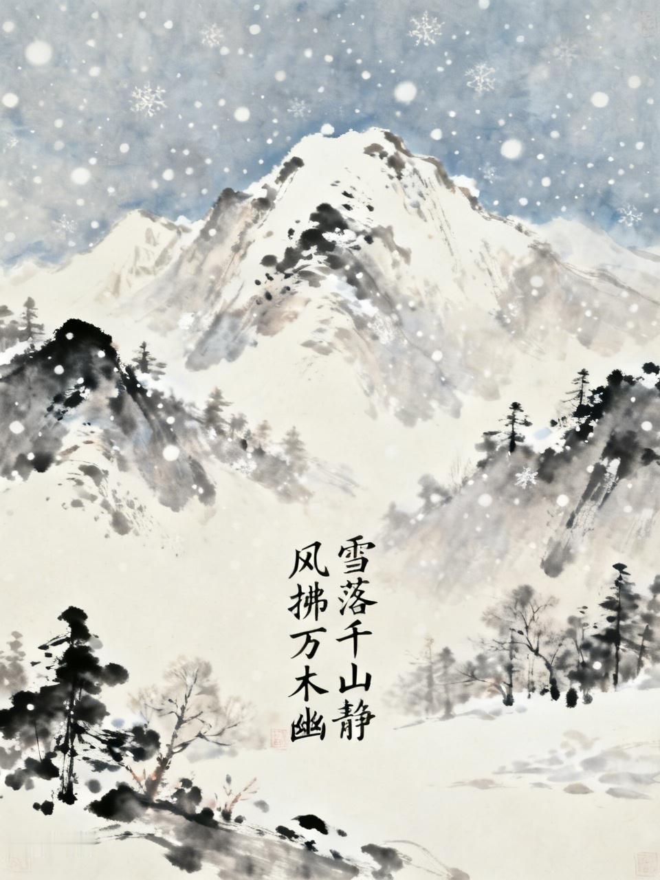 “雪落千山静”这句诗营造出一种极其静谧的氛围。雪花纷纷扬扬飘落，覆盖了千山万岭，