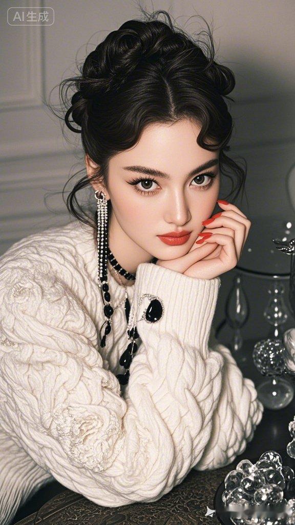 优雅复古风，精致妆容与复古卷发，搭配珍珠项链，尽显女性魅力。