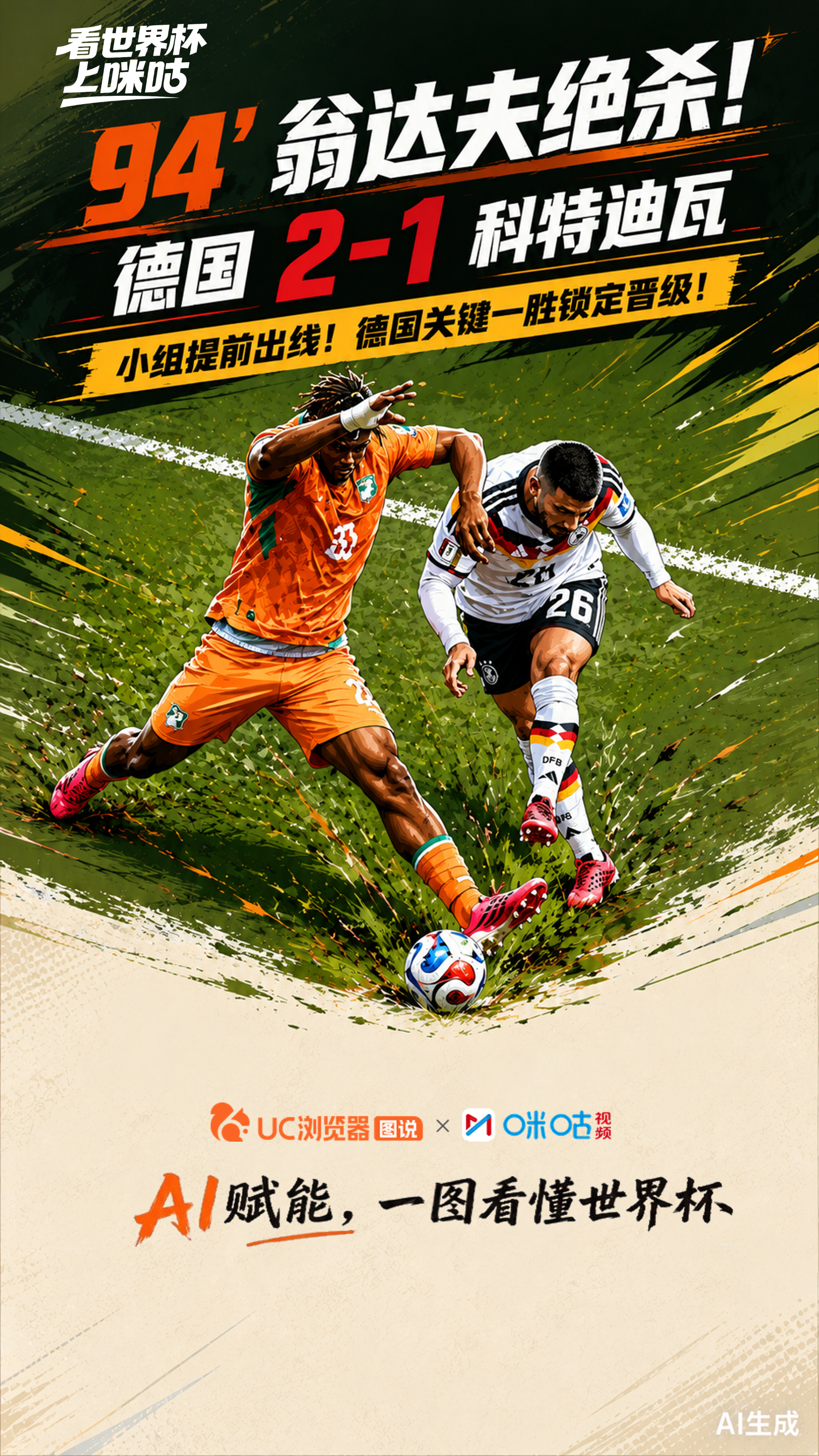 #德国2比1科特迪瓦# 翁达夫替补双响送绝杀，德国2-1科特迪瓦提前出线。咪咕与