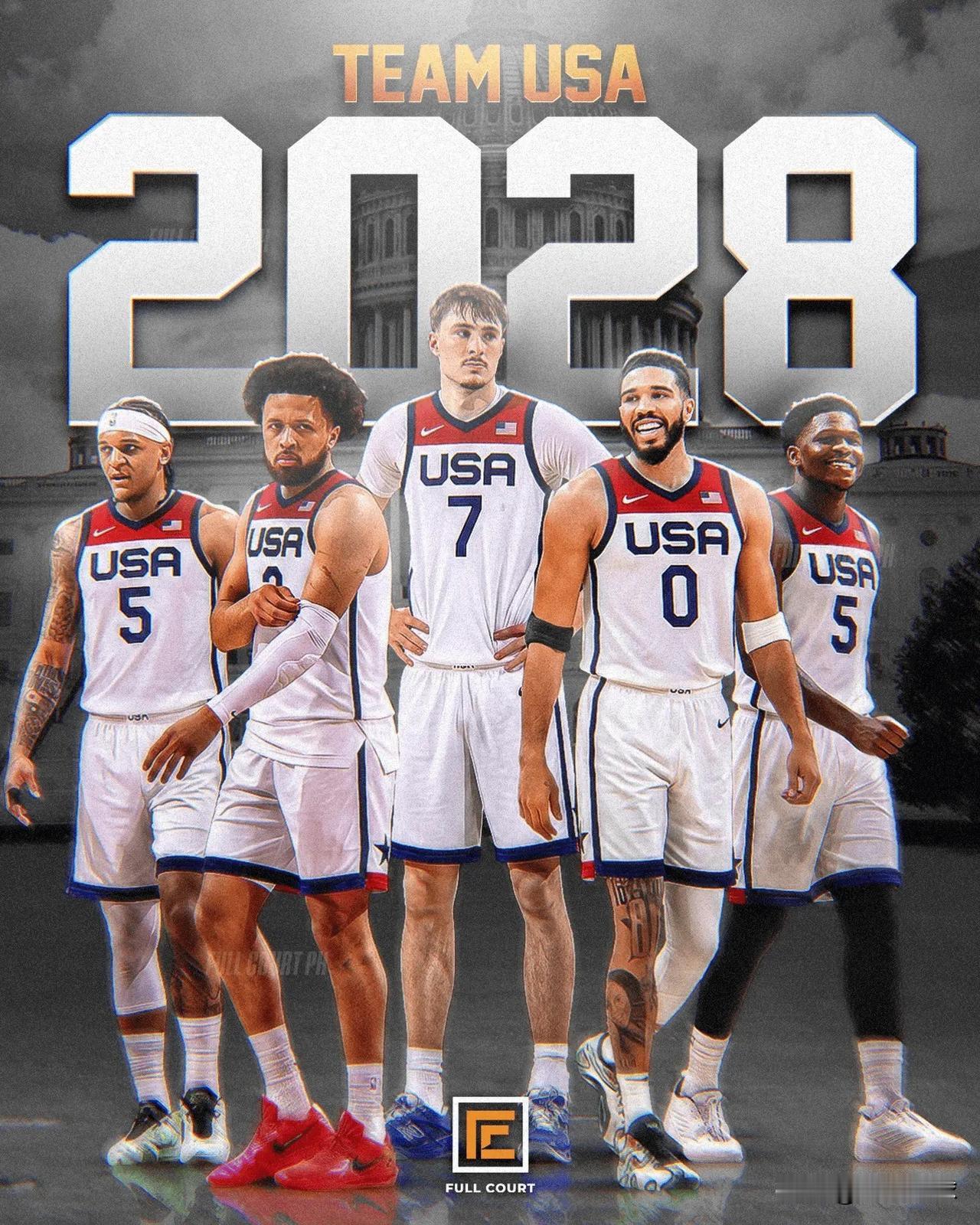 美媒fullcourtph更新动态写道：预计2028年美国男篮首发五虎将阵容简直