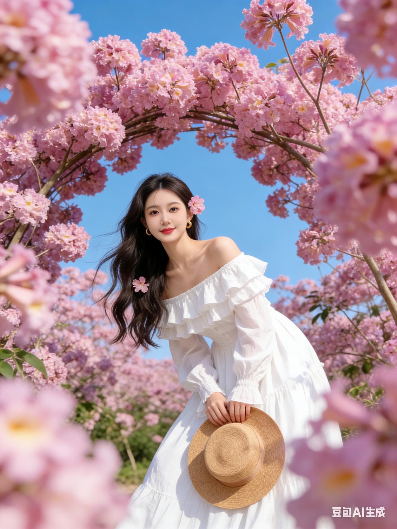 春日花海中的甜美少女，粉花映衬下的浪漫时光。🌸💕唯美樱花瞬间 唯美樱花景 赏