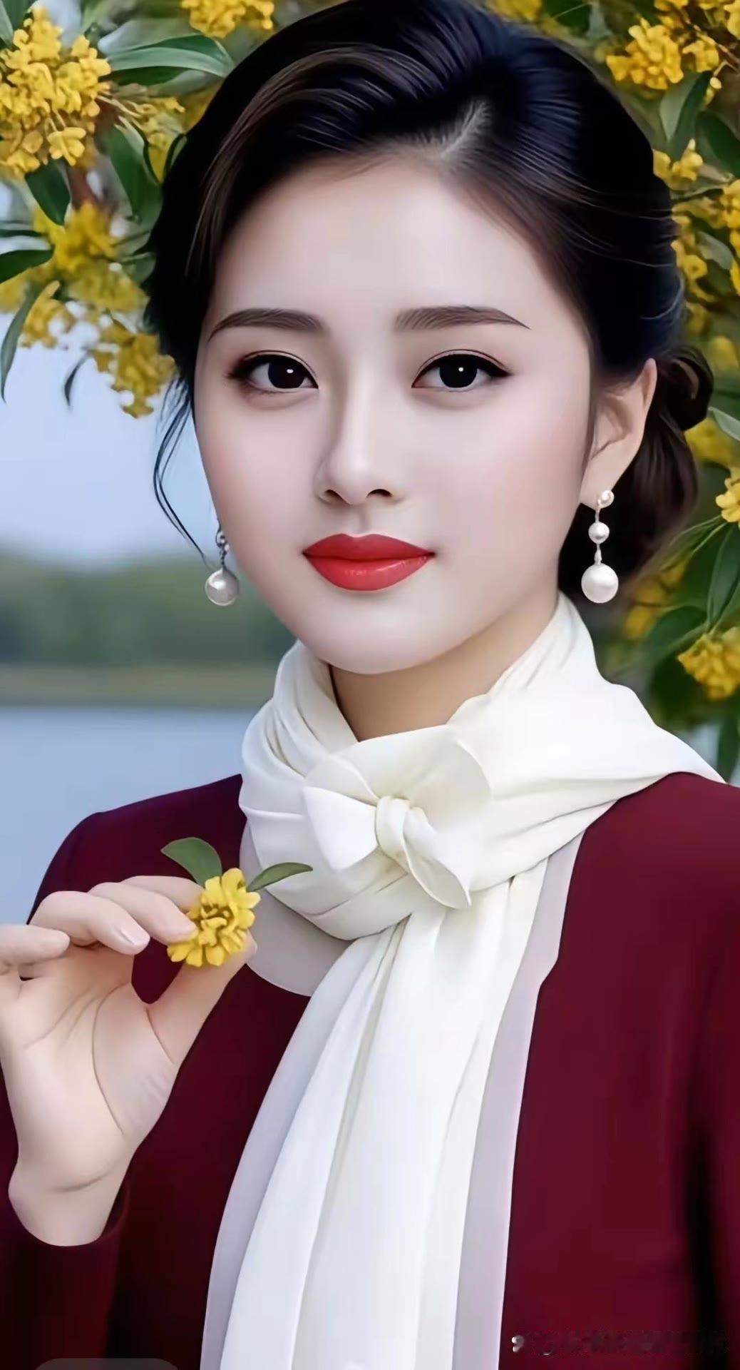 优雅红衣配白纱，手持黄花，尽显古典美